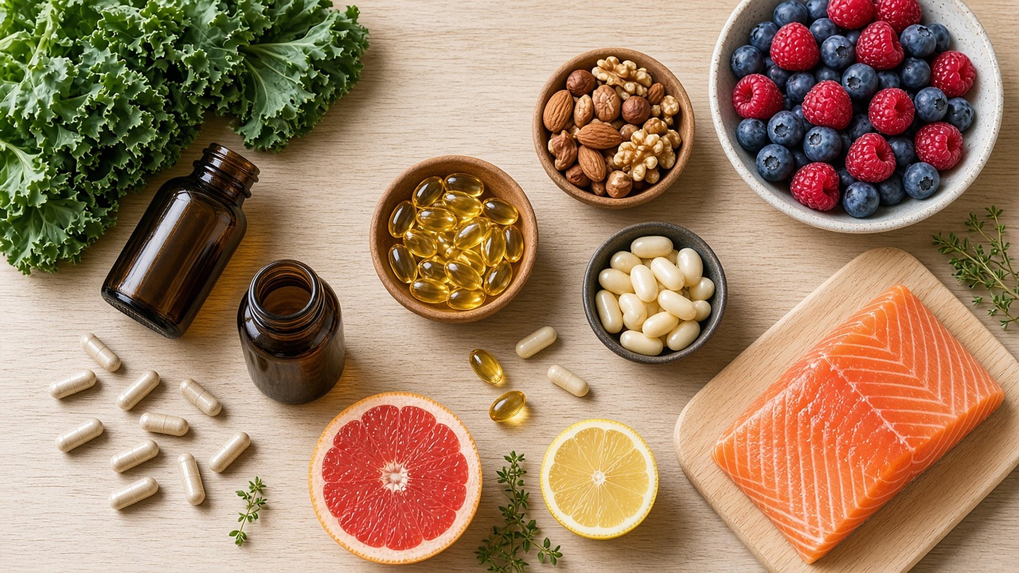 Flat lay of supplements and whole foods (AI-generated illustration)